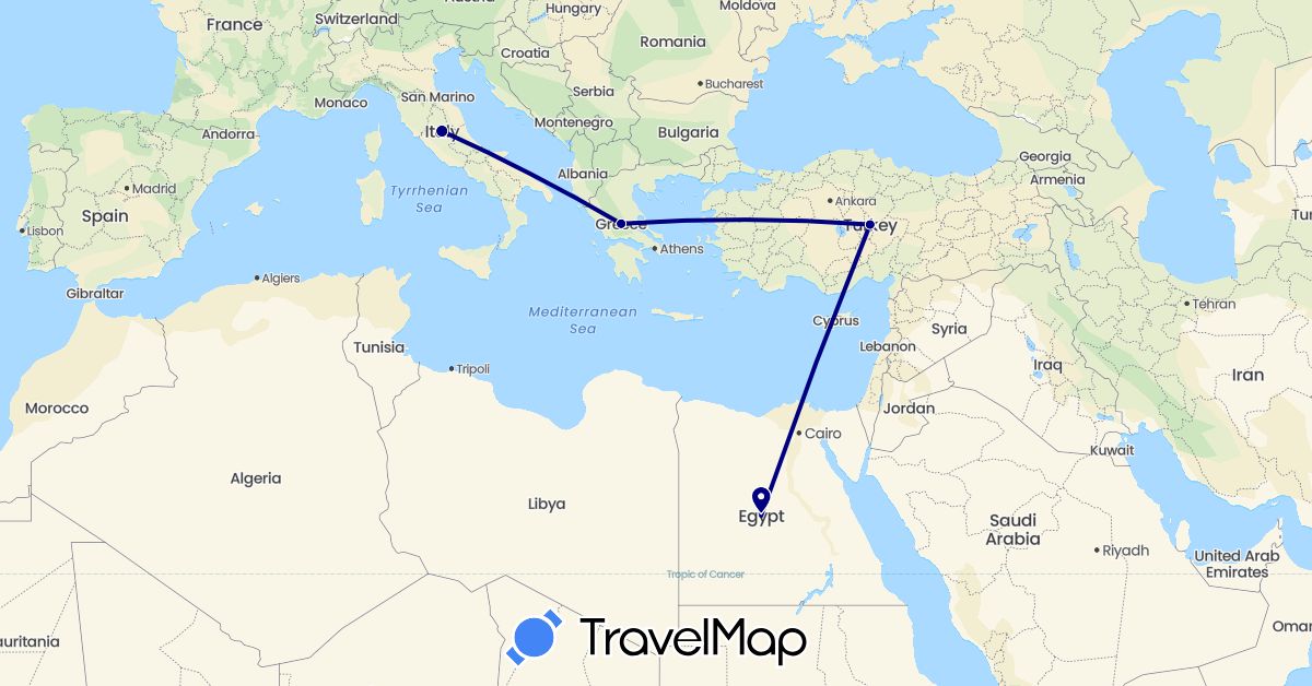 TravelMap itinerary: driving in Egypt, Greece, Italy, Turkey (Africa, Asia, Europe)